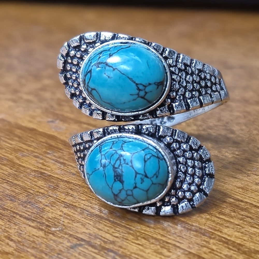 925 Sterling Silver Ring With Doble Turquoise Stones Vintage Size 10 (#8)